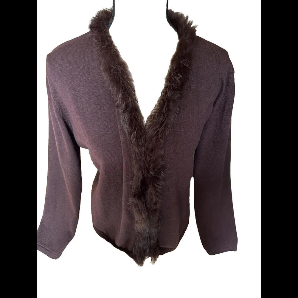 🧣💛WOMENS LADIES Effeci Brown Long Sleeve Faux Fur Collar Cardigan Size L